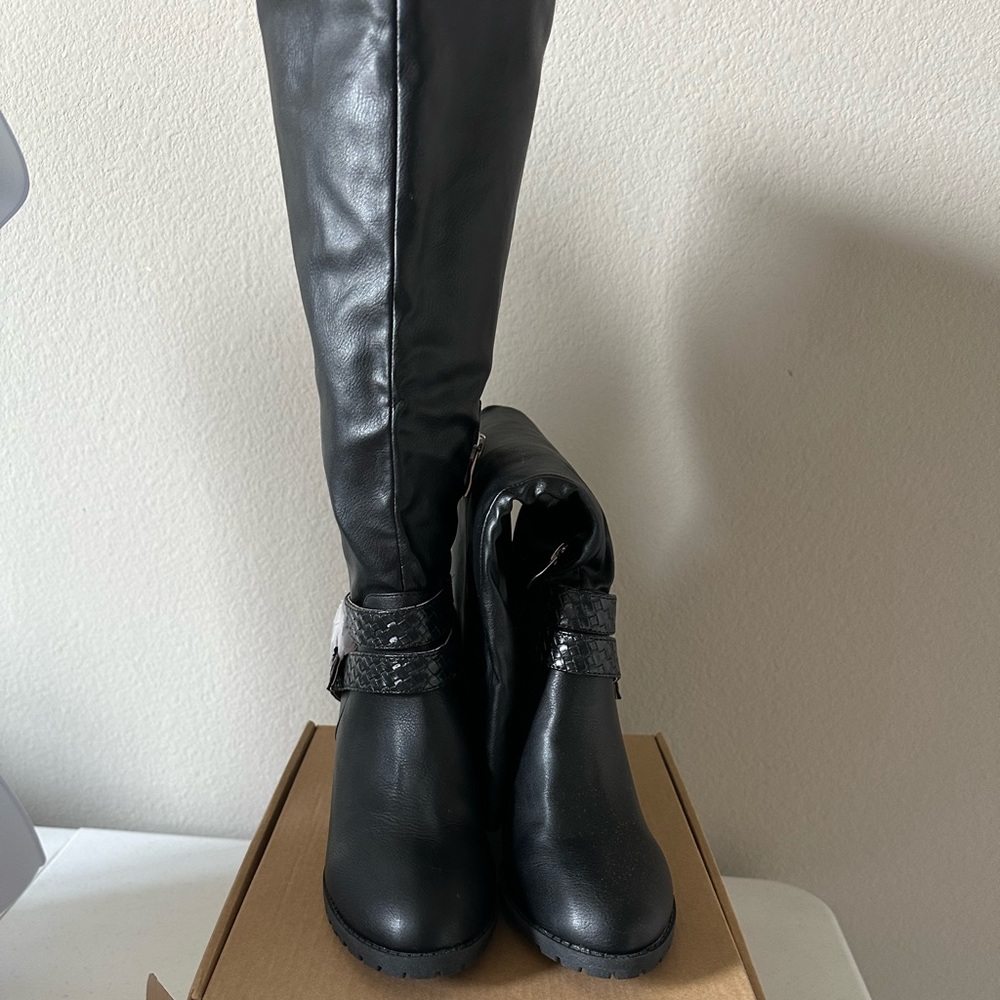 Black wedge below the knee boots. Size 7.
